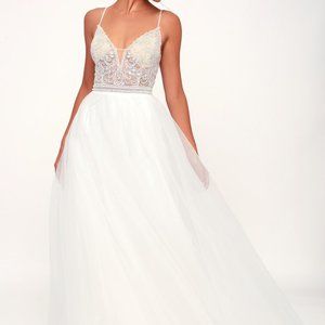 Lulus Caprice White Beaded Rhinestone Wedding Dress